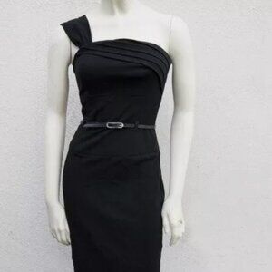 Black Halo Women's One Shoulder Belted Sheath Dress Sleeveless Black Size S